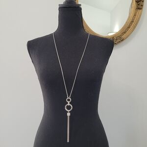 JLo Long Dangle Rhinestone Hoop Silver Toned Fringe Necklace